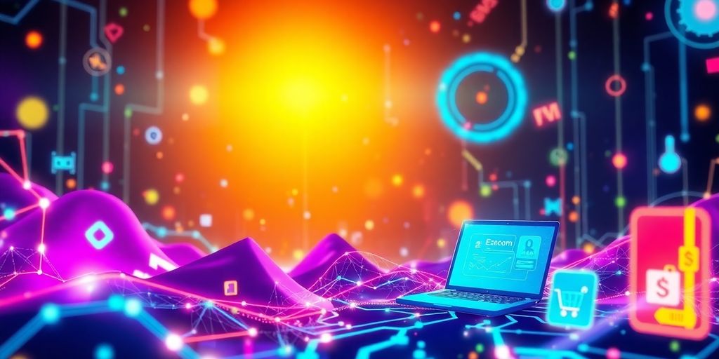 Futuristic digital landscape with technology and e-commerce elements.