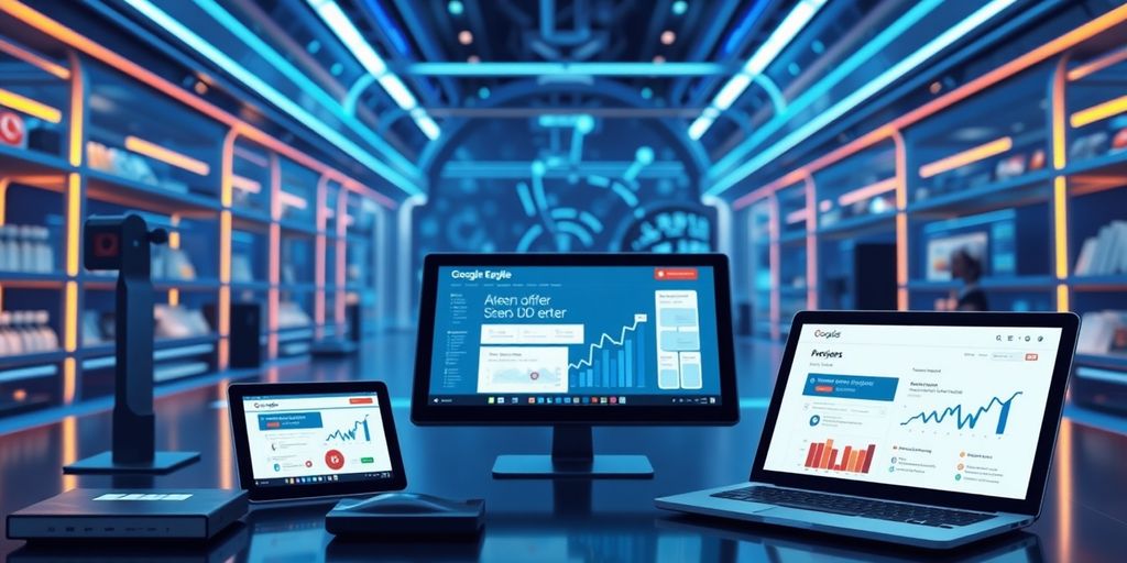 Futuristic e-commerce technology with digital interfaces.