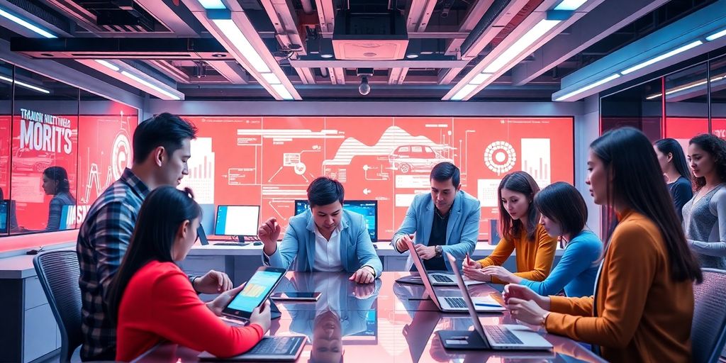 Futuristic workspace with team collaborating on technology.