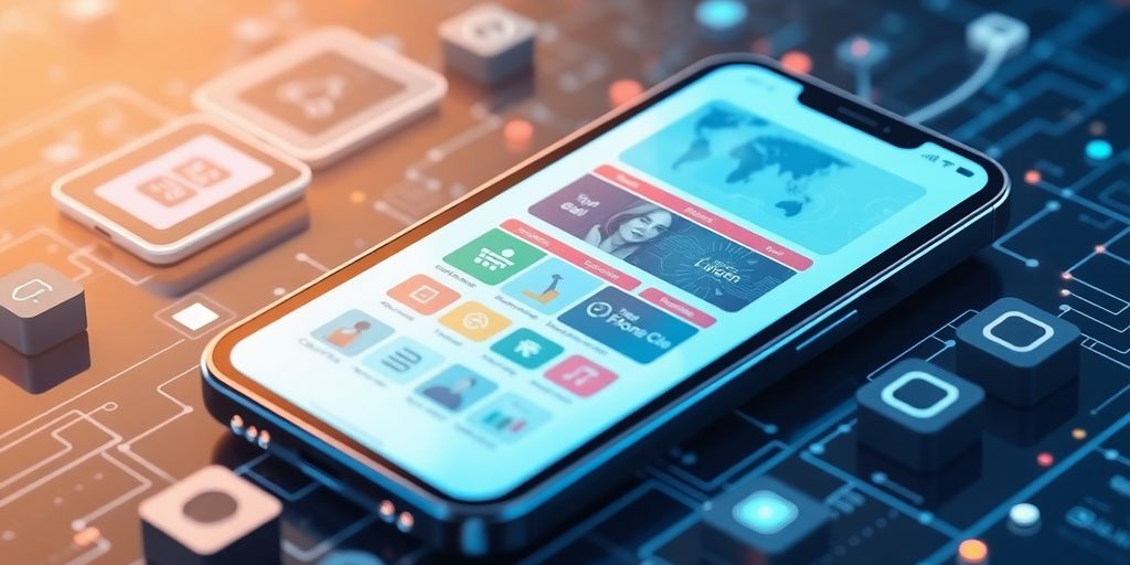 Futuristic mobile device with e-commerce interface and digital elements.