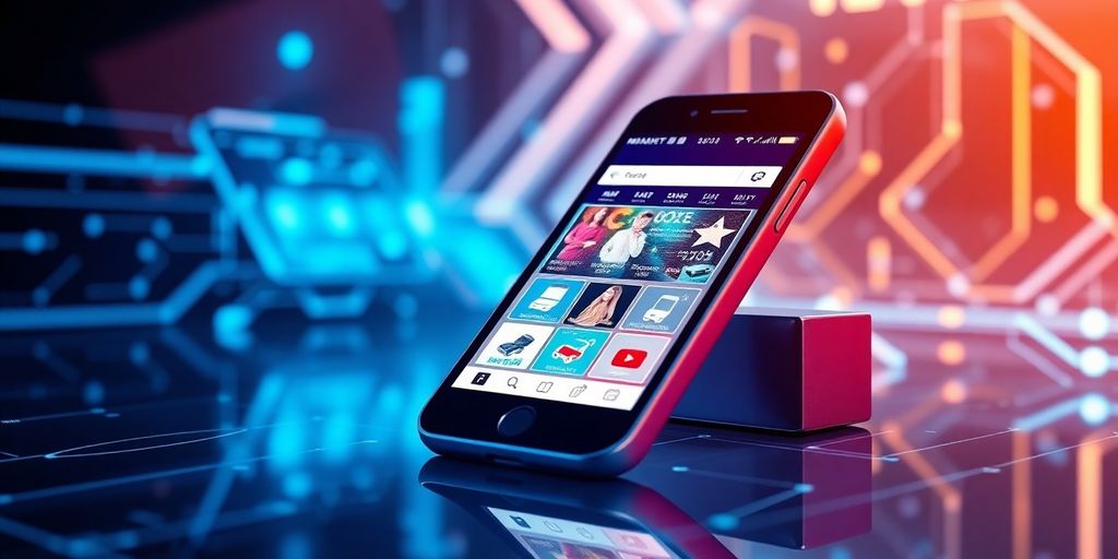 Futuristic mobile device with vibrant e-commerce visuals.