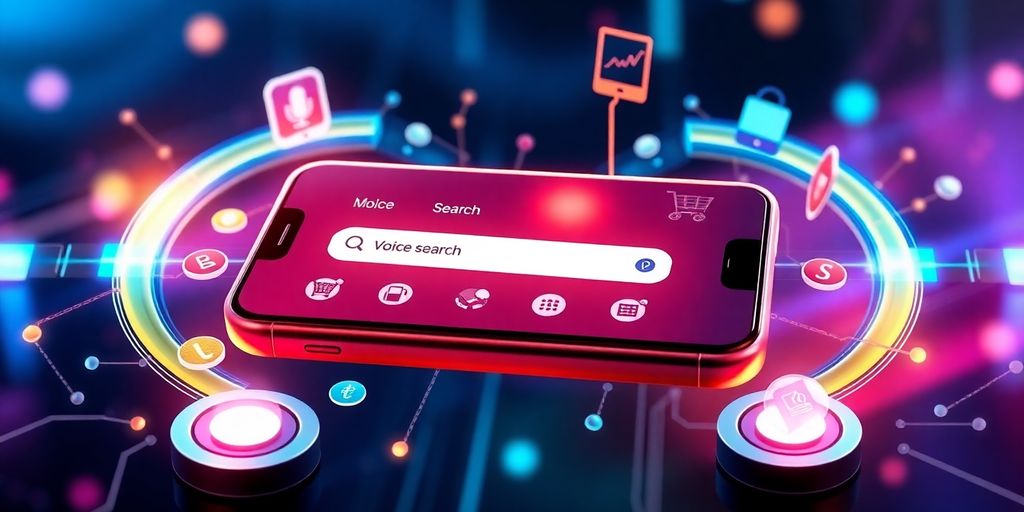 Futuristic mobile device with voice search features.