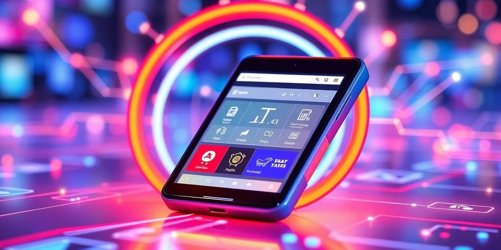 Futuristic mobile device with e-commerce interface.