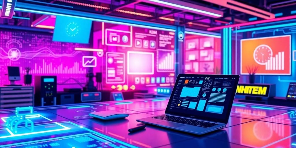 Futuristic digital workspace with advanced technology tools.