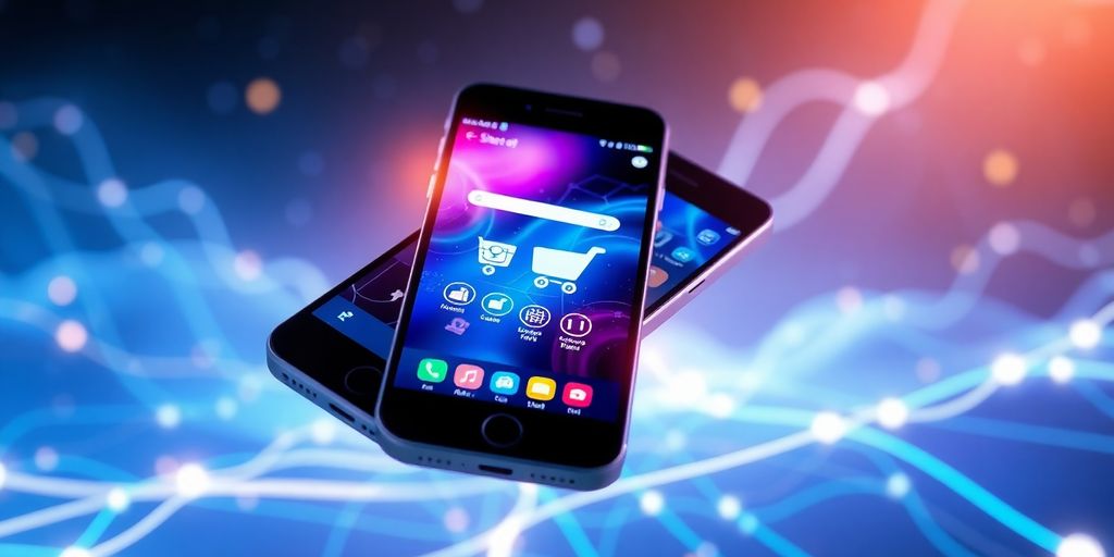 Smartphone with e-commerce app in a futuristic setting.