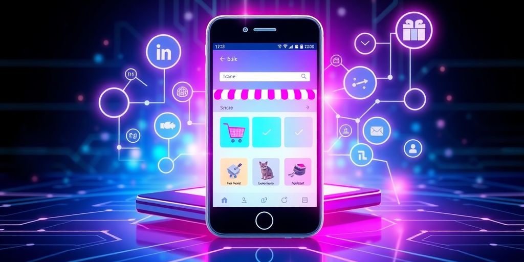 Futuristic mobile device with e-commerce interface and icons.