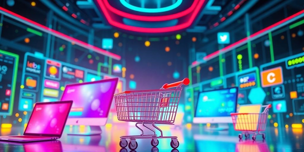 Futuristic eCommerce scene with digital devices and shopping carts.