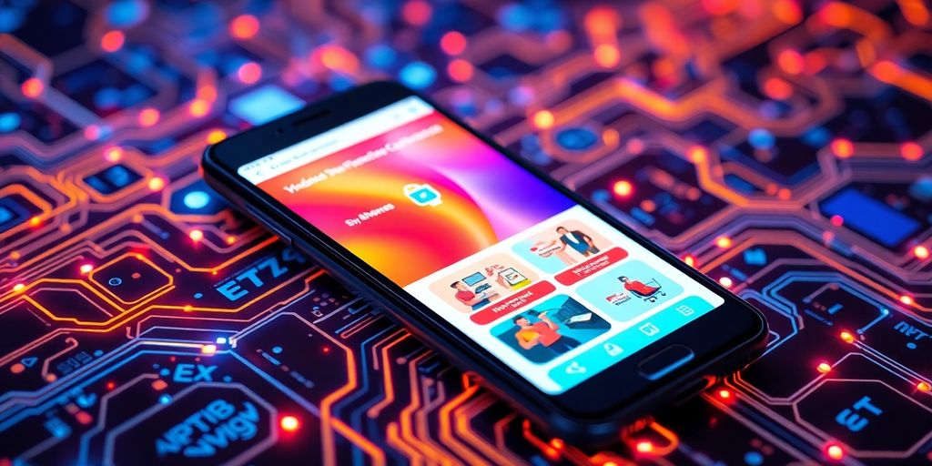 Smartphone with e-commerce site and futuristic technology elements.