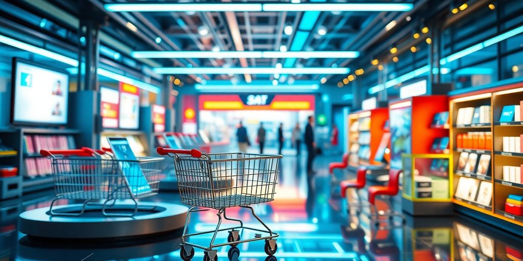 Futuristic eCommerce scene with digital shopping elements.