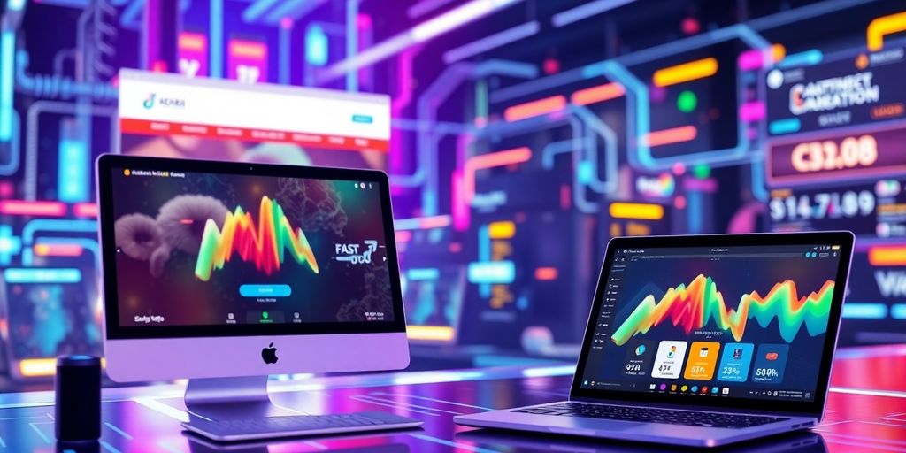 Futuristic e-commerce scene with fast-loading websites and devices.