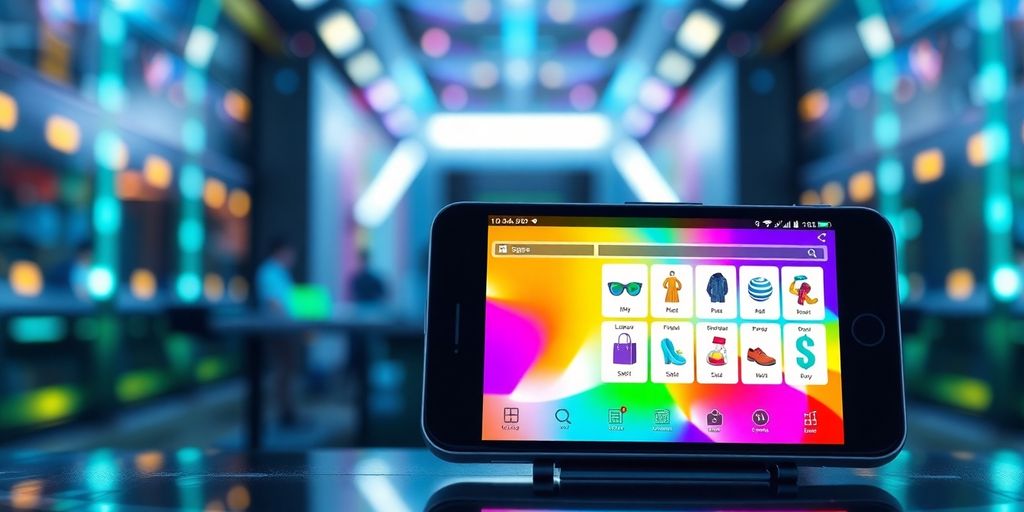Futuristic mobile device with vibrant e-commerce interface.