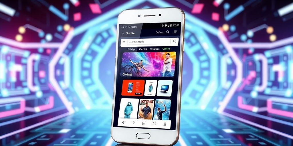 Smartphone with vibrant e-commerce website on futuristic background.