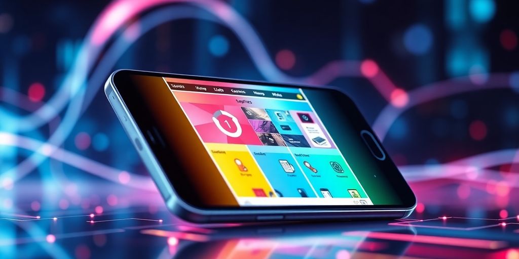 Smartphone with vibrant e-commerce interface and technology elements.