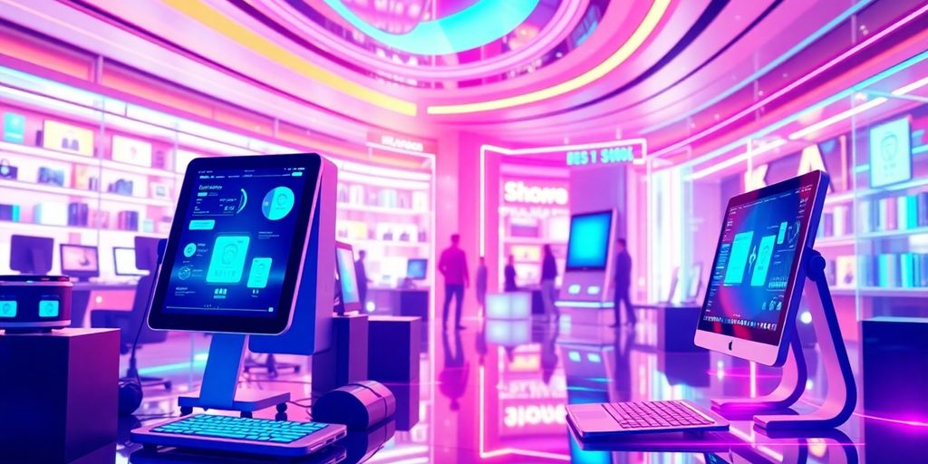 Futuristic eCommerce scene with advanced technology and vibrant colors.