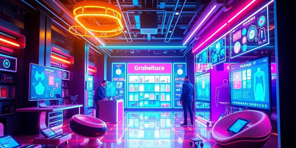 Futuristic eCommerce scene with advanced technology and vibrant colors.