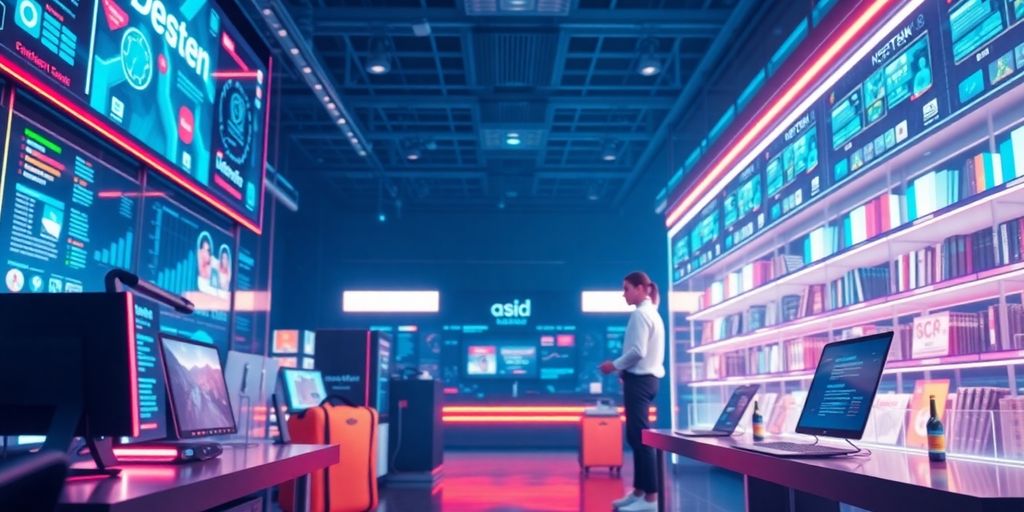 Futuristic eCommerce scene with advanced technology and vibrant colors.