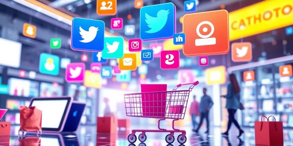 Futuristic eCommerce with social media icons and devices.
