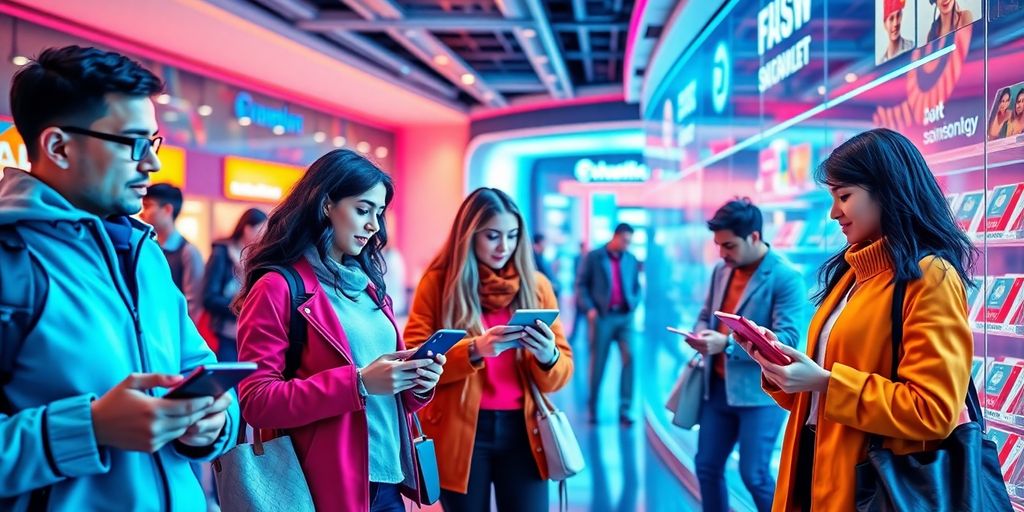 Futuristic eCommerce scene with diverse shoppers and technology.