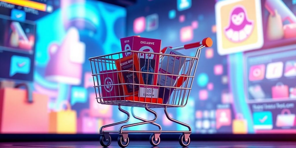 Futuristic eCommerce scene with digital shopping cart and offers.