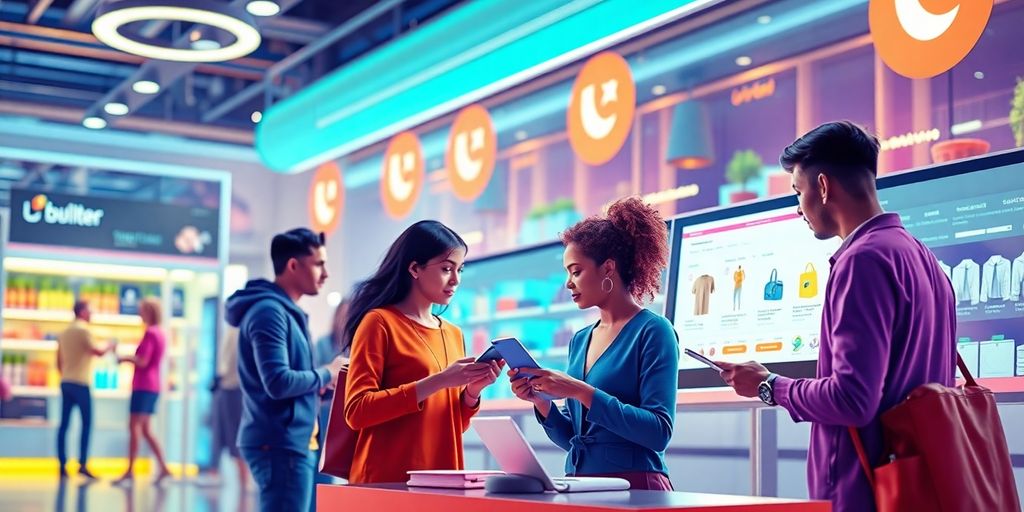 Futuristic eCommerce scene with diverse customers engaging online.