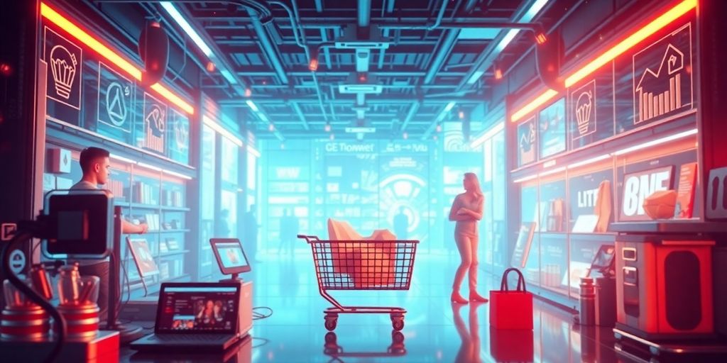 Futuristic eCommerce scene with advanced technology and devices.