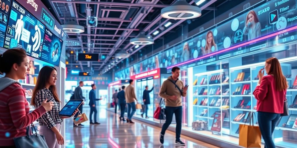 Futuristic eCommerce scene with advanced technology and interactions.