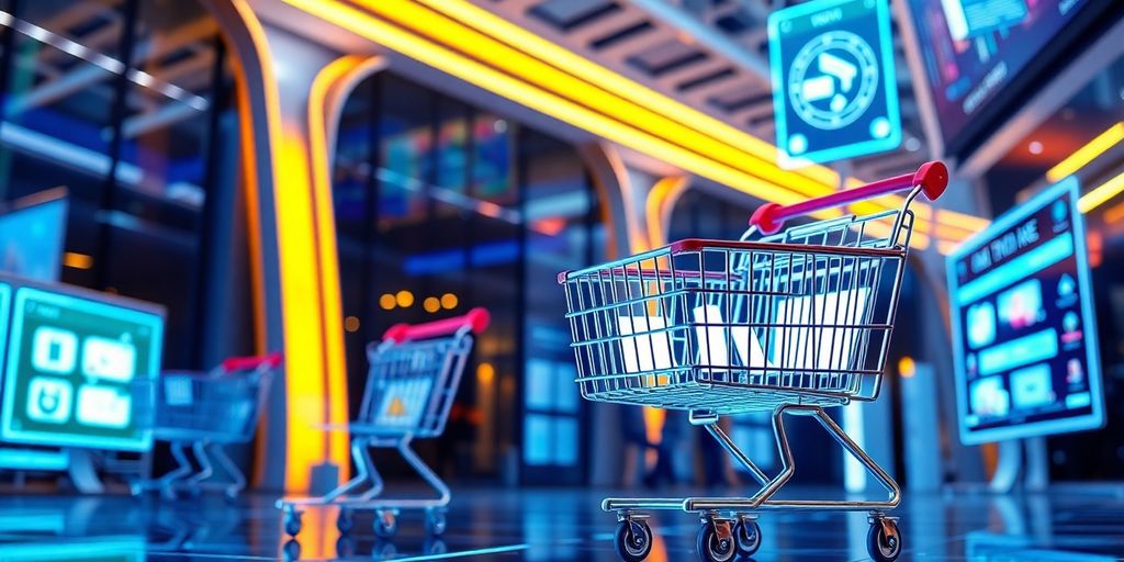 Futuristic eCommerce scene with digital shopping elements.