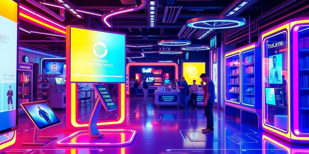 Futuristic eCommerce scene with advanced technology and vibrant colors.