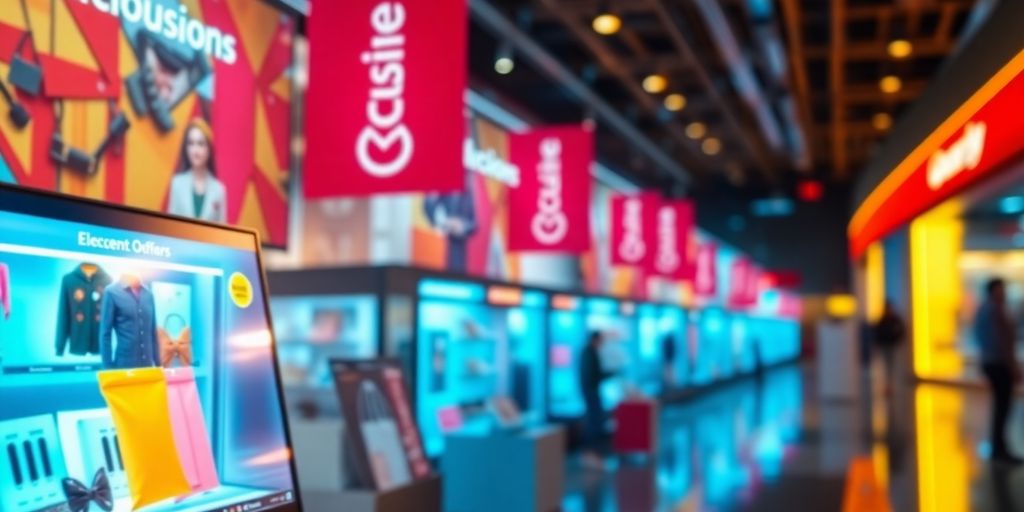 Futuristic ecommerce scene with exclusive online promotions.