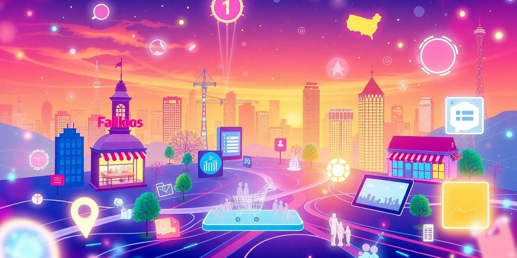 Futuristic e-commerce technology in a local community setting.