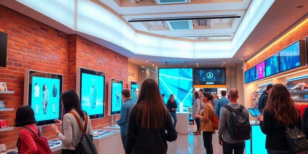 Modern store with digital screens and interactive kiosks.