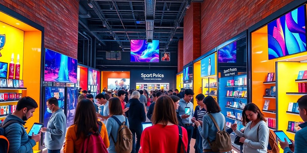 Futuristic store with customers using digital devices.