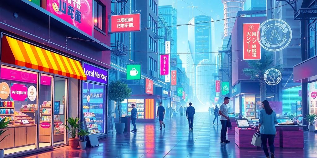 Futuristic digital landscape with local storefronts and devices.