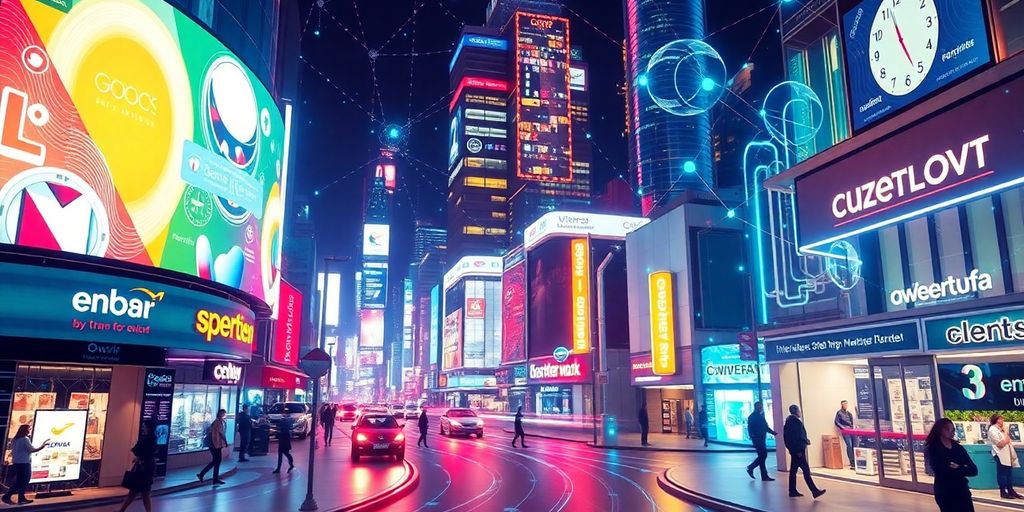 Futuristic e-commerce scene with local business elements.