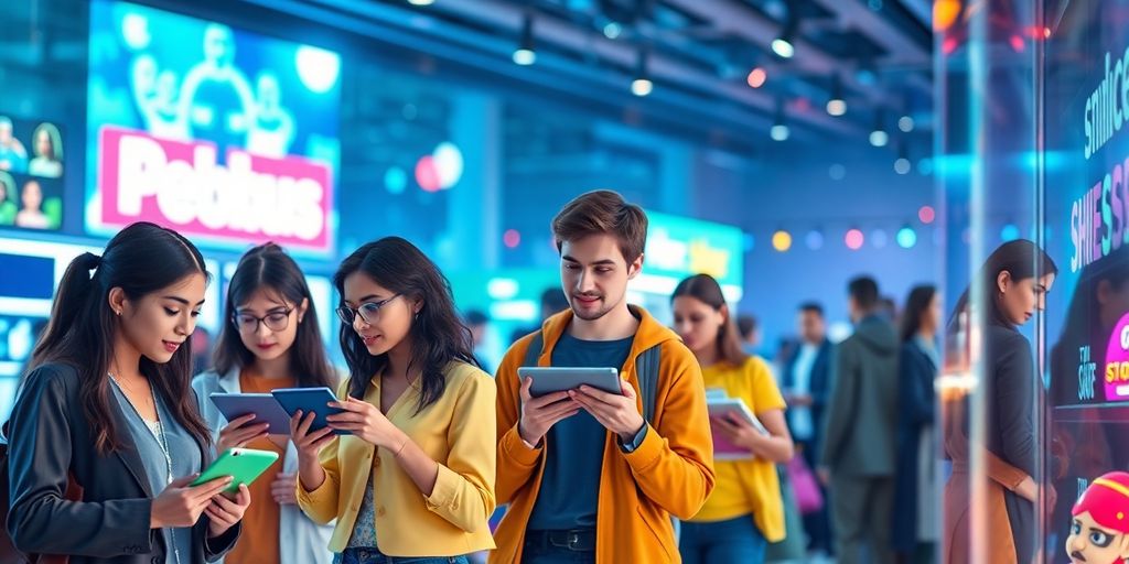 Futuristic e-commerce scene with diverse customers and technology.