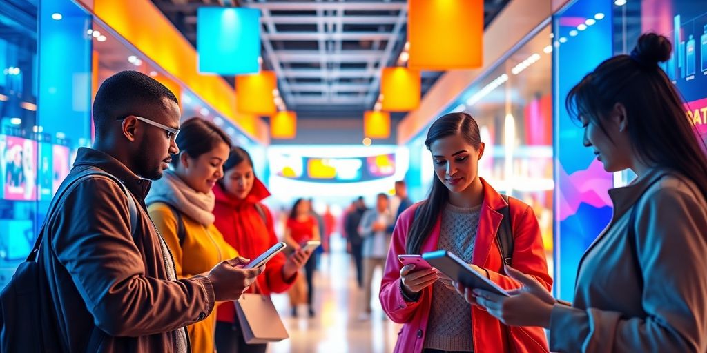 Futuristic e-commerce scene with diverse customers and technology.