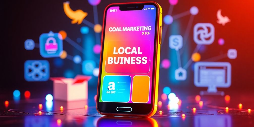 Mobile device with local business app and futuristic elements.