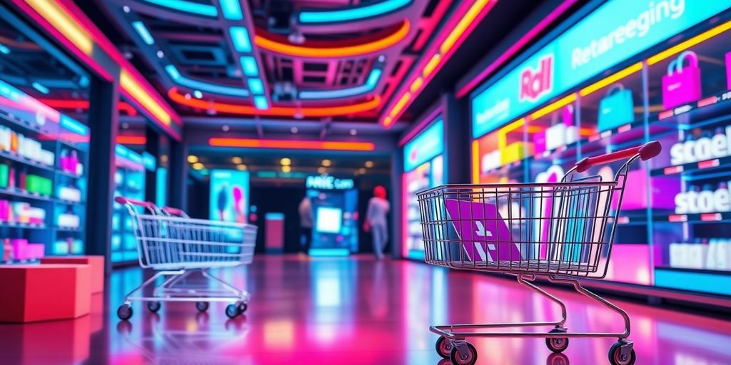 Futuristic eCommerce scene with digital shopping elements.