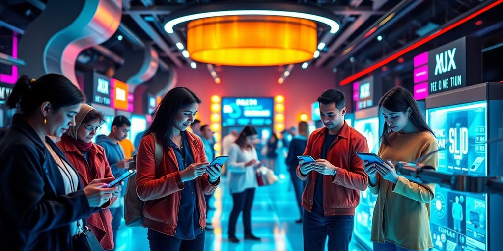 Futuristic e-commerce scene with diverse customers and technology.