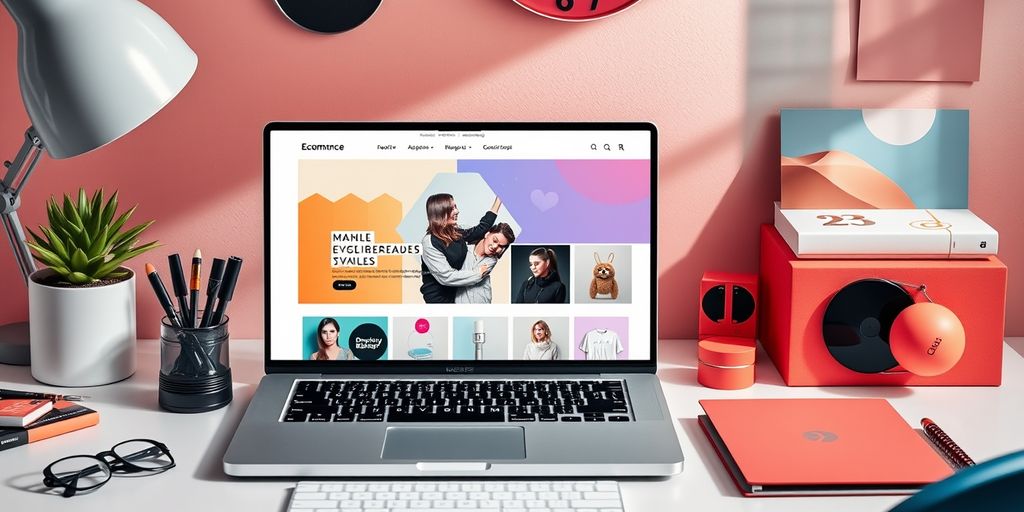 Modern ecommerce workspace with laptop and vibrant accessories.