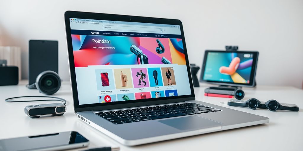 Laptop with online store interface and tech gadgets.