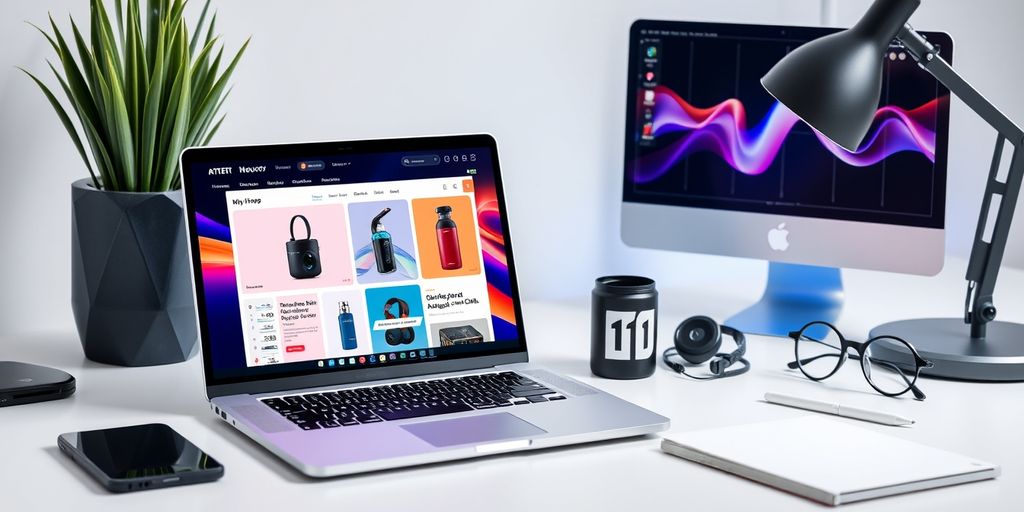 Modern ecommerce workspace with laptop and product images.