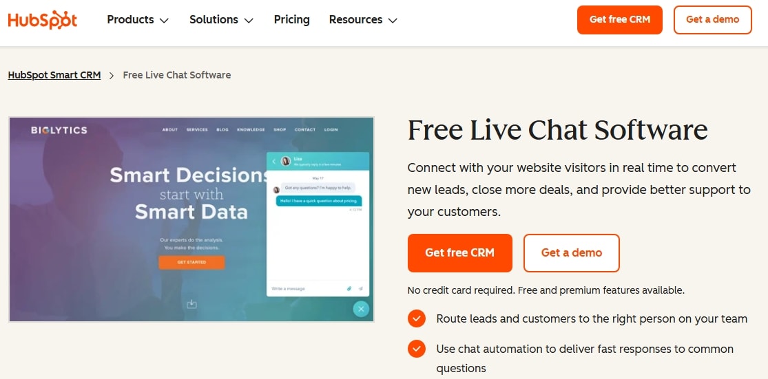 HubSpot Live Chat homepage