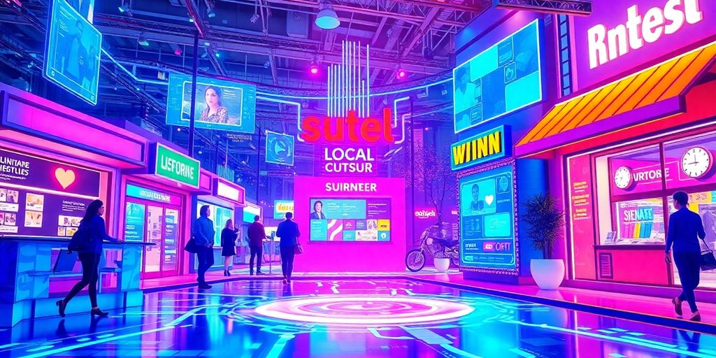 Futuristic ecommerce scene with social media ads.