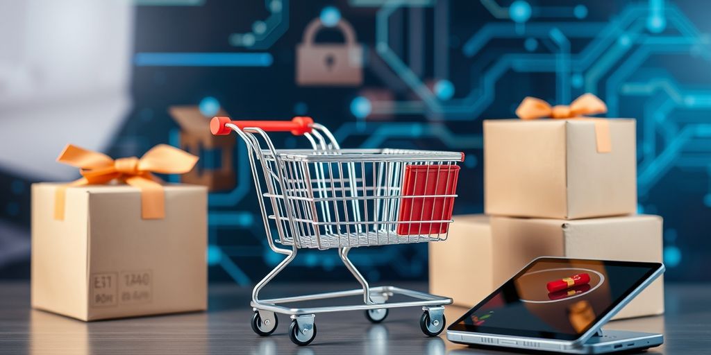 E-commerce shopping cart with delivery boxes and digital device.