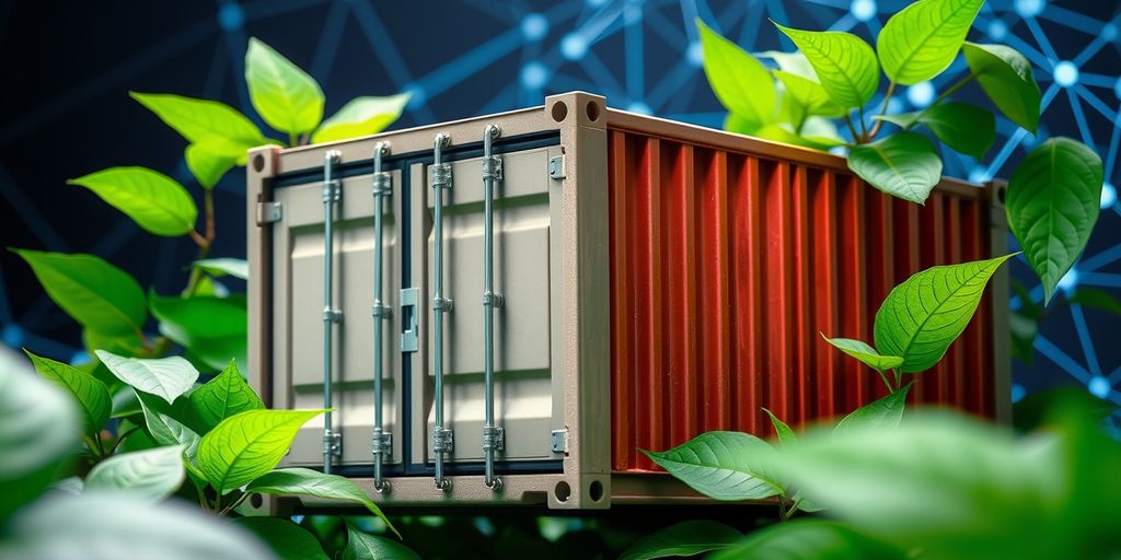 Shipping container with green leaves, representing sustainable ecommerce.