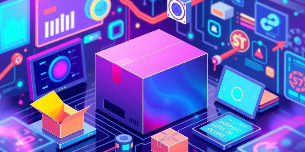 Modern shipping box with digital devices in ecommerce setting.