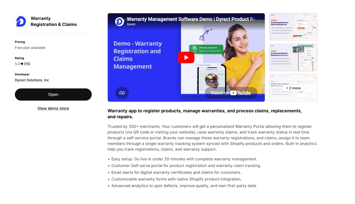 Dyrect warranty registration and claims app dashboard showing registrations, claims, and analytics.