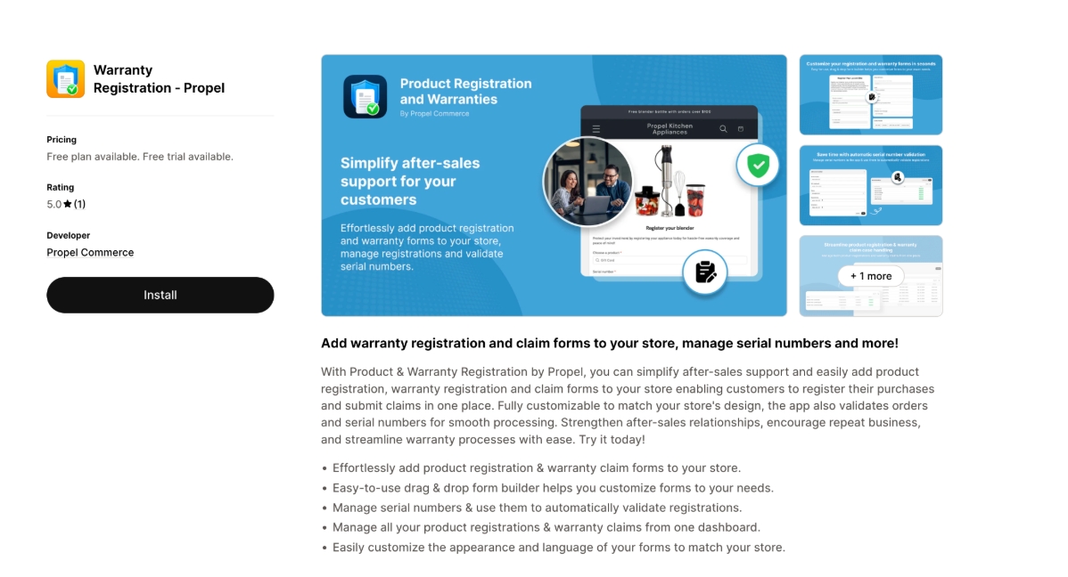 Propel product registration app listing with form builder preview.