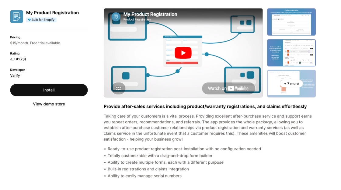 My Product Registration app listing with form demo and feature bullets.